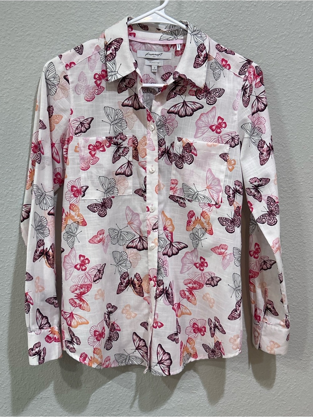 Foxcroft White Button-Down Shirt with Pink, Coral & Gray Butterfly Print